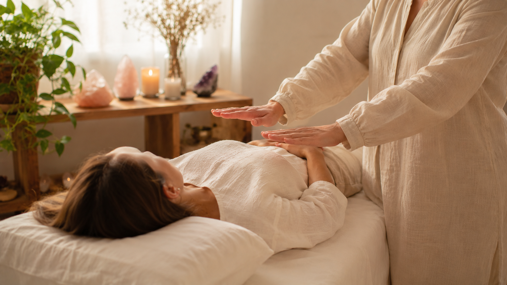 Ambiente sereno de sessão de Reiki com velas e luz suave