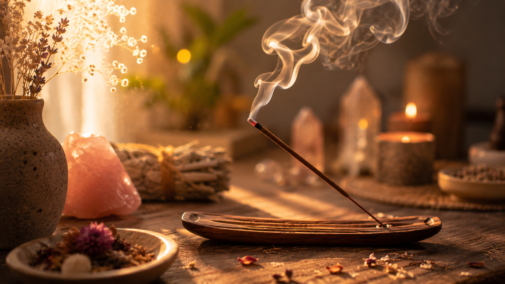 Incenso aceso com fumaça suave em ambiente acolhedor